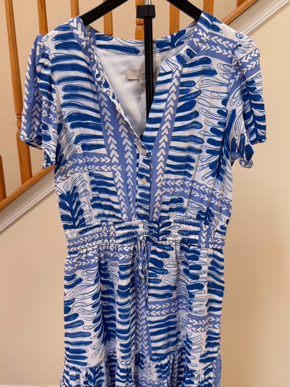 LOFT Light Blue and White V-Neck Drawstring Waist Dress